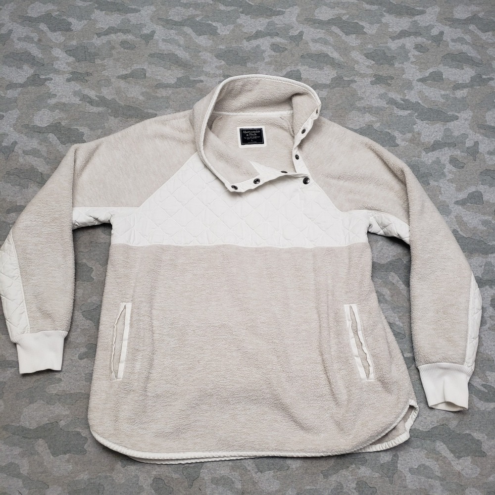VTG  Abercrombie Fitch Sweatshirt Womens Large‎ Beige Snap Pockets Long Sleeve